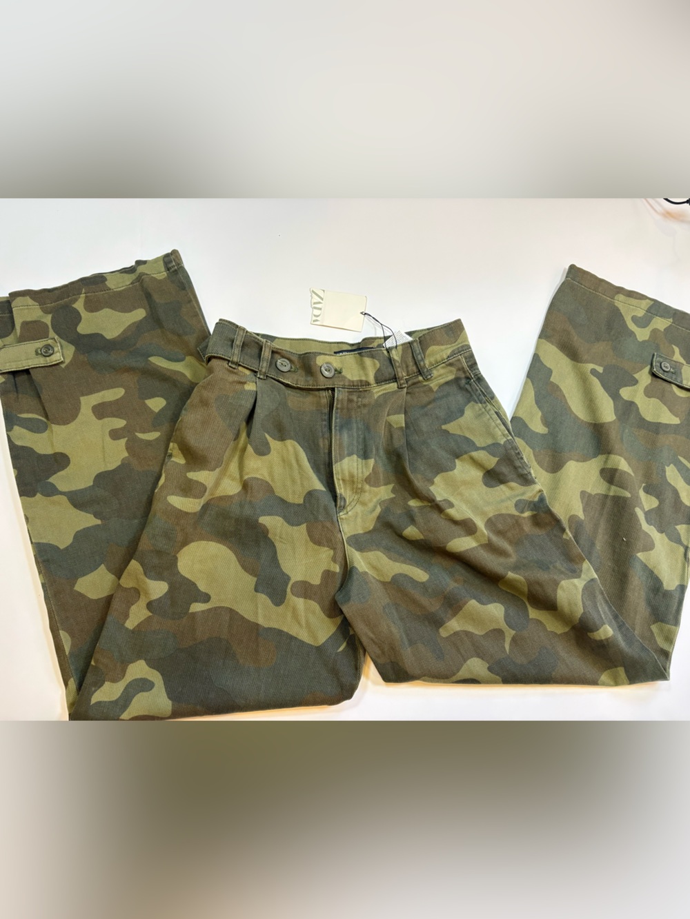 Zara Camo Wide Leg Pants | NWT | Size S | 100% Cotton | Zip Fly - Picture 2 of 14